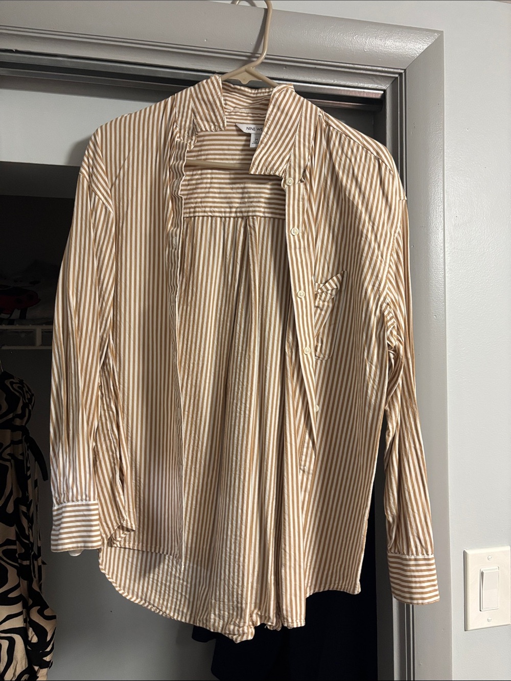 Nine West Beige and White Striped Button-Down Shirt